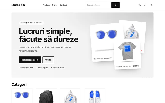 Prima pagină a unui magazin cu tema Minimal